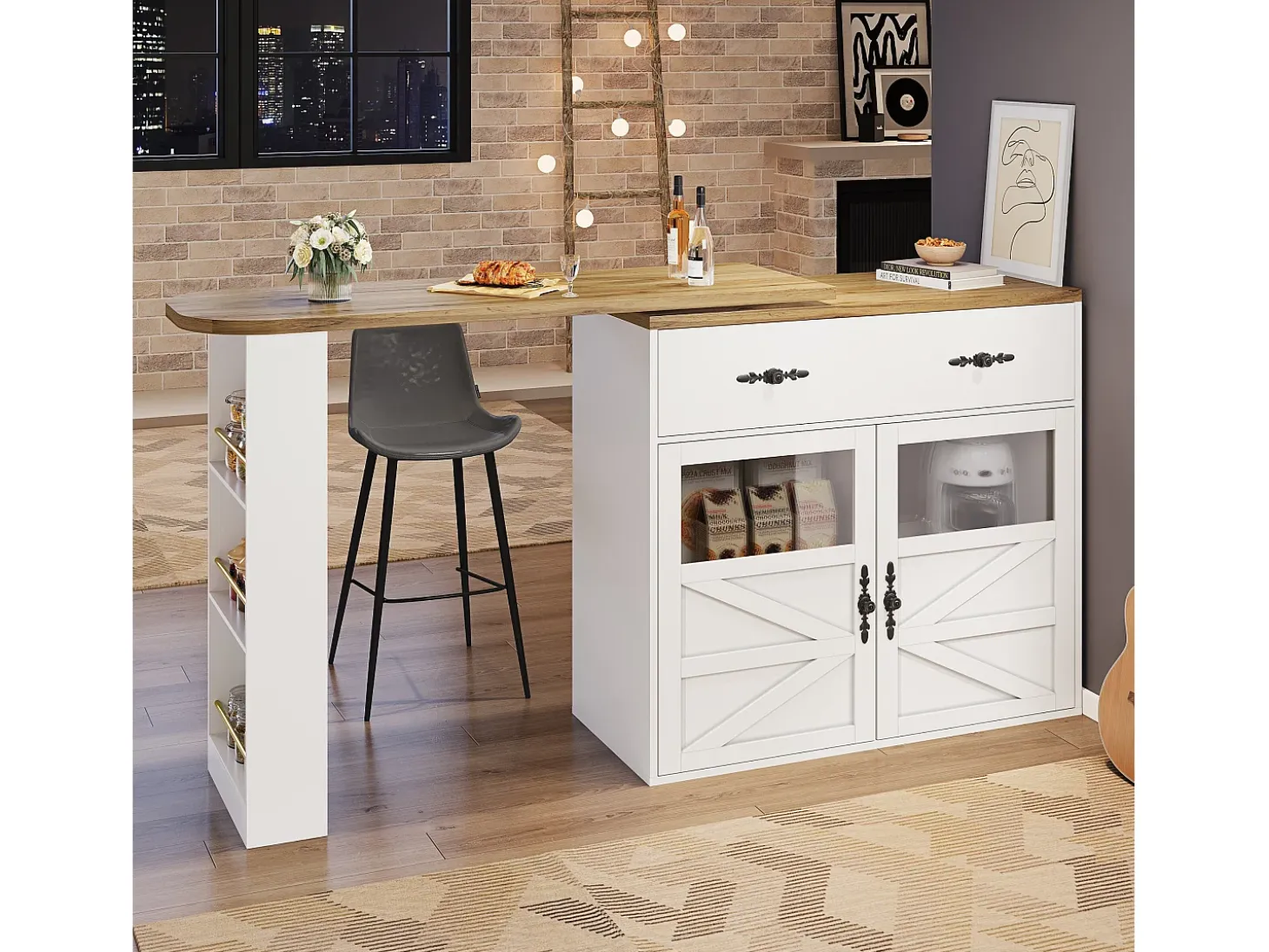 Aparador giratorio con 1 cajón, 2 puertas y estantes, blanco - para comedor y salón