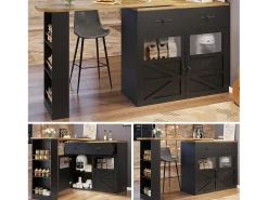 Aparador giratorio con 1 cajón, 2 puertas y estantes, negro - para comedor y salón