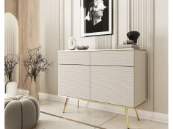 Aparador glamuroso beige con patas doradas, 107 x 85 x 39