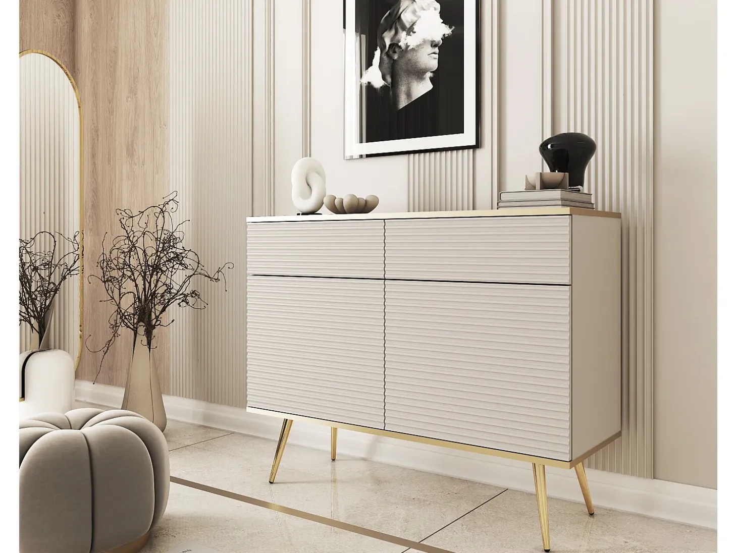 Aparador glamuroso beige con patas doradas, 107 x 85 x 39