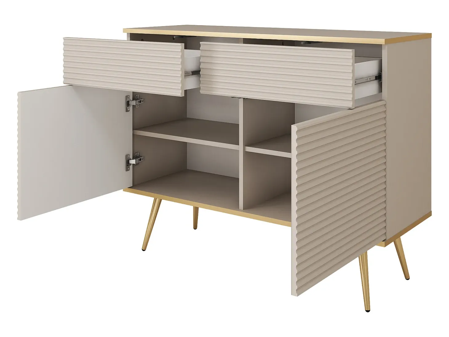 Aparador glamuroso beige con patas doradas, 107 x 85 x 39
