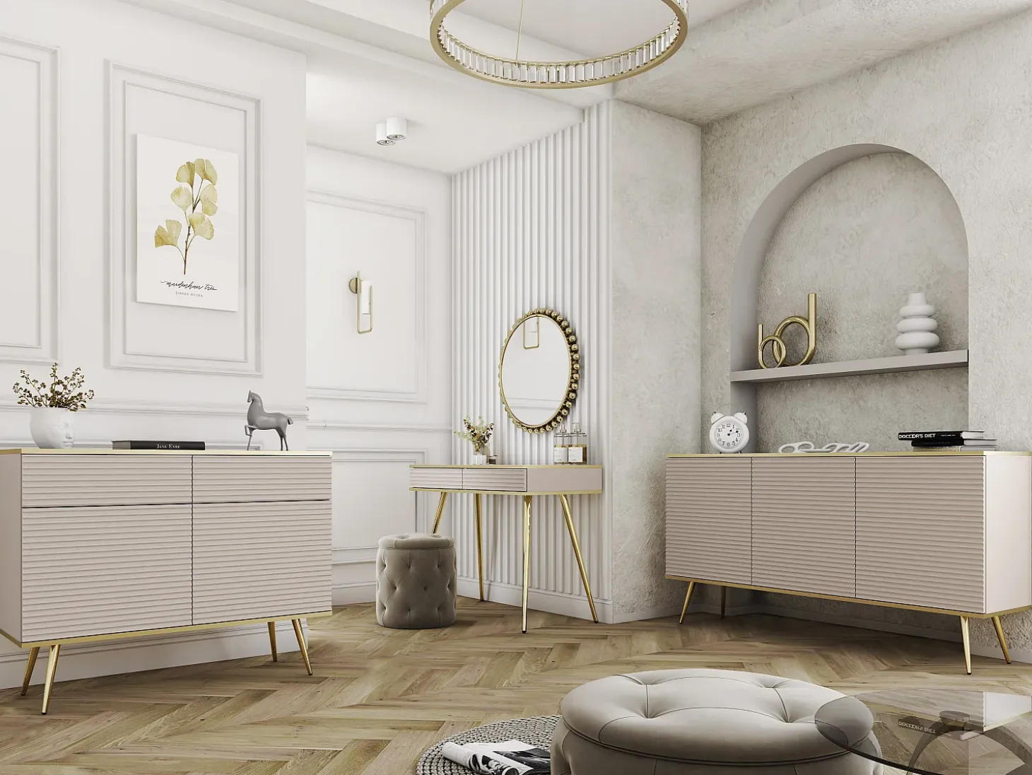 Aparador glamuroso beige con patas doradas, 107 x 85 x 39