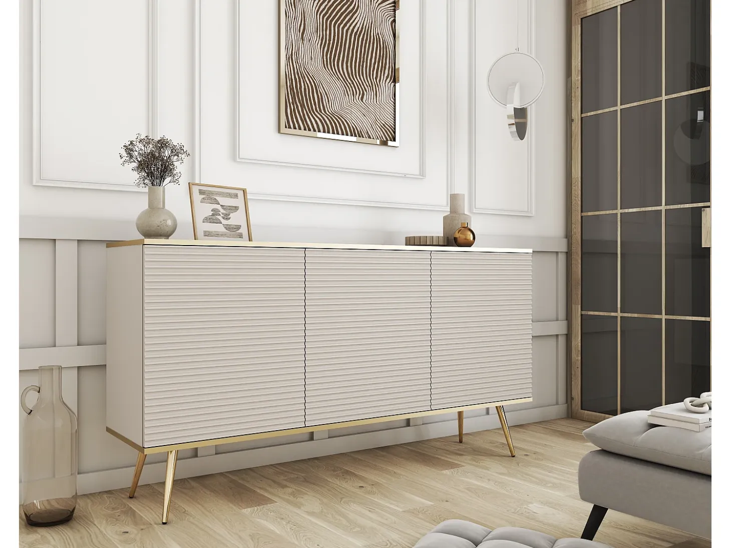 Aparador glamuroso beige con patas doradas, 160 x 85 x 39
