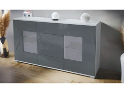 Aparador Grömitz V1 – Mueble con 2 Puertas Grandes y 4 Cajones, blanco mate/gris de alto brillo (138,5 x 75,5 x 35)