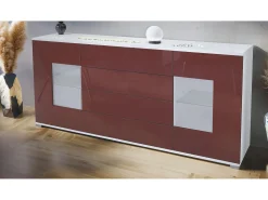 Aparador Grömitz V2 – Mueble con 2 Puertas Grandes y 4 Cajones, blanco mate/burdeos de alto brillo (166,5 x 75,5 x 35)