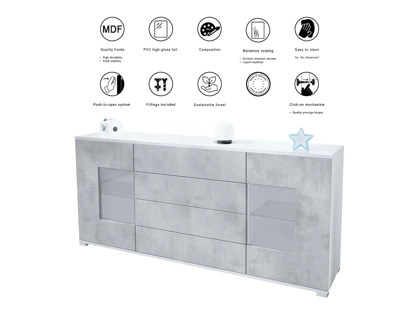 Aparador Grömitz V2 – Mueble con 2 Puertas Grandes y 4 Cajones, blanco mate/burdeos de alto brillo (166,5 x 75,5 x 35)