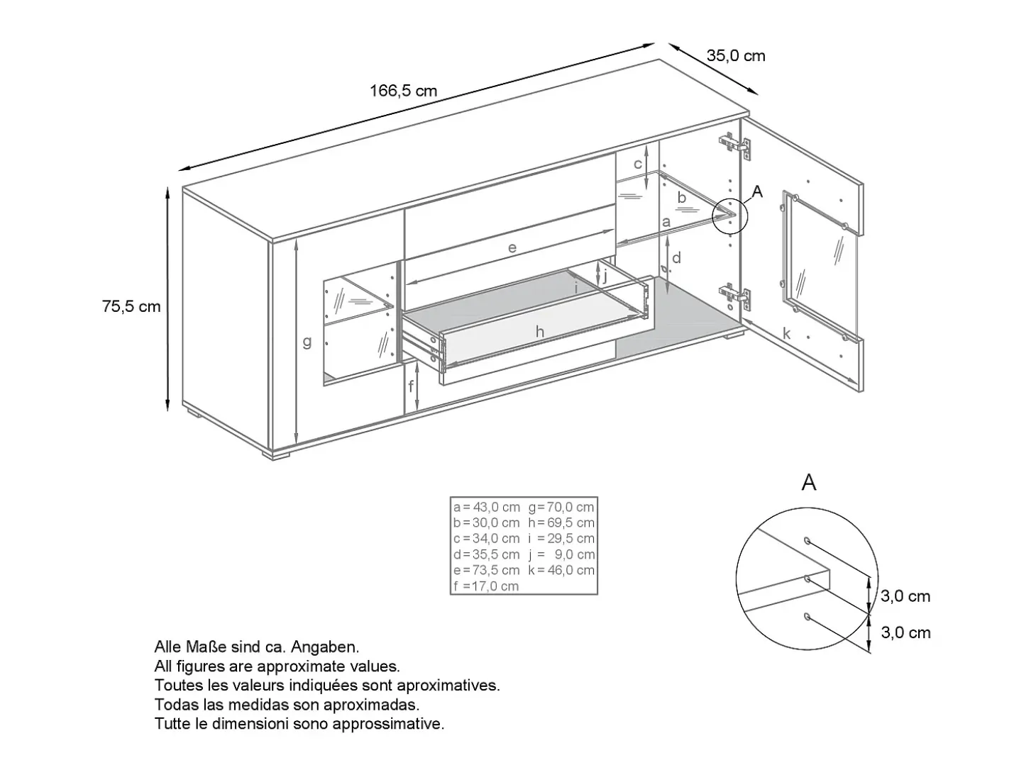 Aparador Grömitz V2 – Mueble con 2 Puertas Grandes y 4 Cajones, blanco mate/burdeos de alto brillo (166,5 x 75,5 x 35)