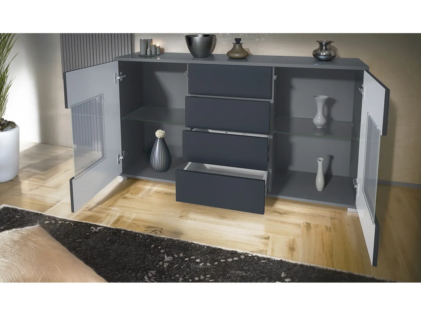 Aparador Grömitz V1 – Mueble con 2 Puertas Grandes y 4 Cajones, antracita mate/burdeos de alto brillo (138,5 x 75,5 x 35)