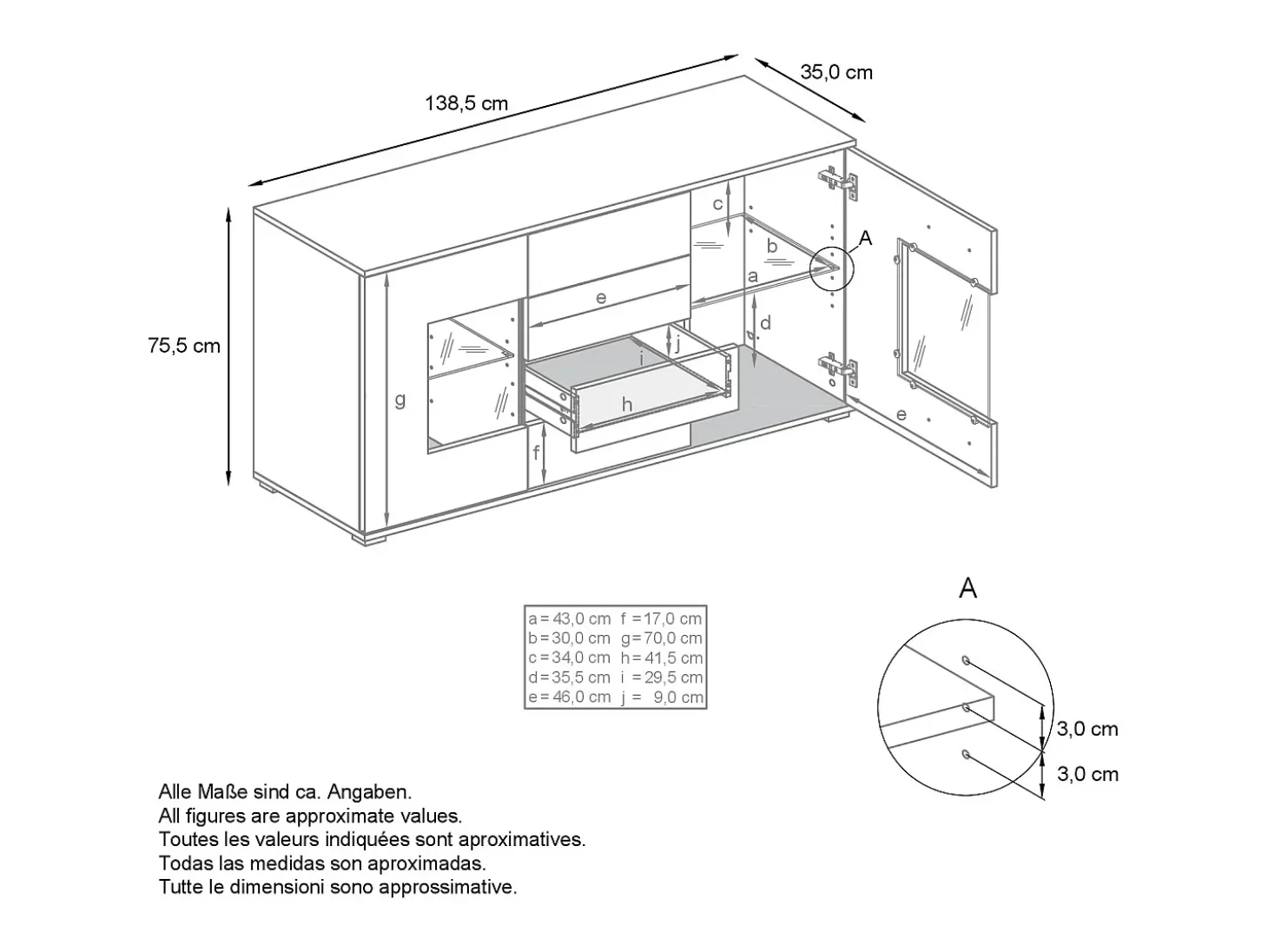 Aparador Grömitz V1 – Mueble con 2 Puertas Grandes y 4 Cajones, antracita mate/burdeos de alto brillo (138,5 x 75,5 x 35)