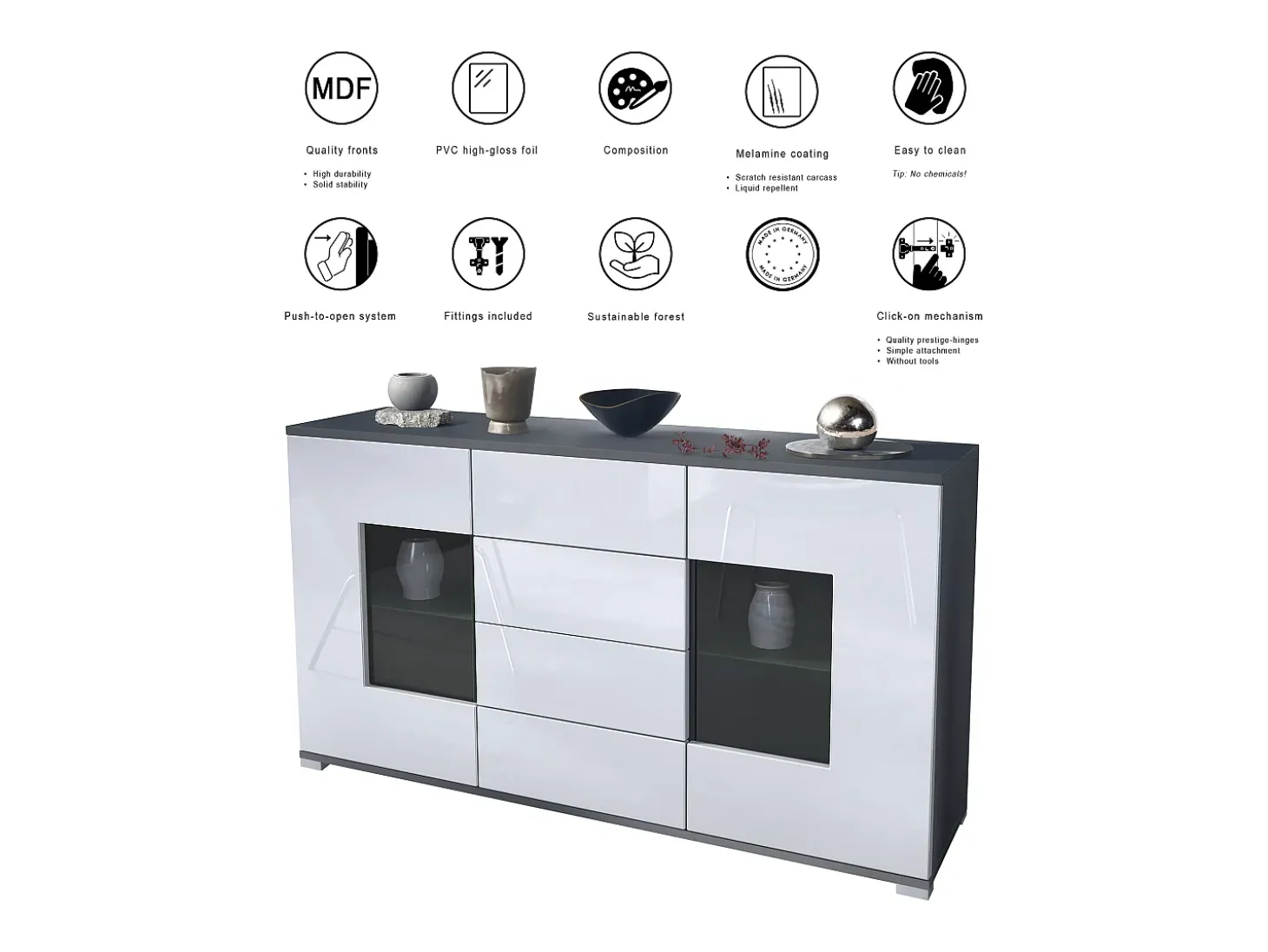 Aparador Grömitz V1 – Mueble con 2 Puertas Grandes y 4 Cajones, antracita mate/burdeos de alto brillo (138,5 x 75,5 x 35)