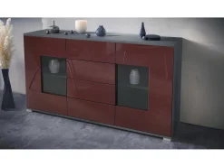 Aparador Grömitz V1 – Mueble con 2 Puertas Grandes y 4 Cajones, antracita mate/burdeos de alto brillo (138,5 x 75,5 x 35)