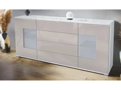 Aparador Grömitz V2 – Mueble con 2 Puertas Grandes y 4 Cajones, blanco mate/gris arena de alto brillo (166,5 x 75,5 x 35)