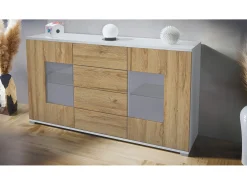 Aparador Grömitz V1 – Mueble con 2 Puertas Grandes y 4 Cajones, blanco mate/roble natural (138,5 x 75,5 x 35)