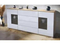 Aparador Grömitz V2 – Mueble con 2 Puertas Grandes y 4 Cajones, Roble Evoke/blanco de alto brillo (166,5 x 75,5 x 35)