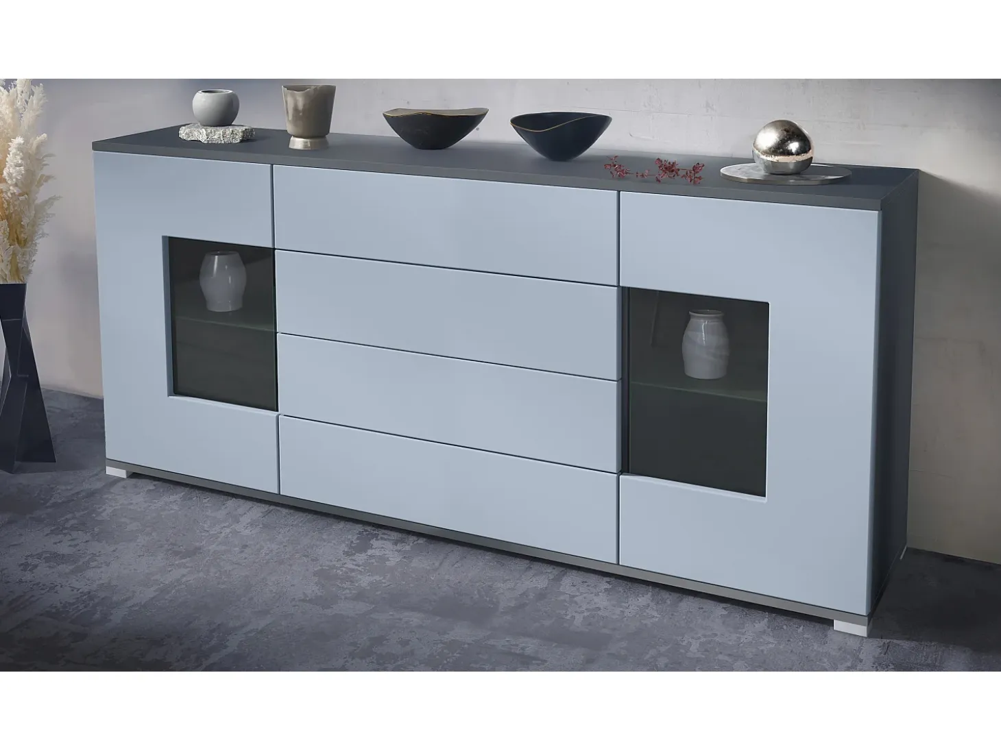 Aparador Grömitz V2 – Mueble con 2 Puertas Grandes y 4 Cajones, antracita mate/mezclilla mate (166,5 x 75,5 x 35)