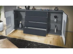 Aparador Grömitz V2 – Mueble con 2 Puertas Grandes y 4 Cajones, antracita mate/mezclilla mate (166,5 x 75,5 x 35)