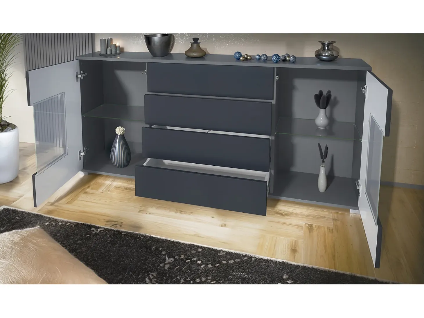 Aparador Grömitz V2 – Mueble con 2 Puertas Grandes y 4 Cajones, antracita mate/mezclilla mate (166,5 x 75,5 x 35)