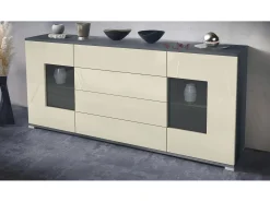 Aparador Grömitz V2 – Mueble con 2 Puertas Grandes y 4 Cajones, antracita mate/crema de alto brillo (166,5 x 75,5 x 35)