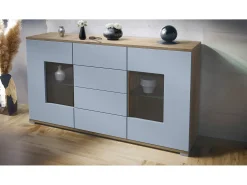 Aparador Grömitz V1 – Mueble con 2 Puertas Grandes y 4 Cajones, Roble Evoke/mezclilla mate (138,5 x 75,5 x 35)