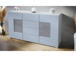 Aparador Grömitz V1 – Mueble con 2 Puertas Grandes y 4 Cajones, blanco mate/mezclilla mate (138,5 x 75,5 x 35)