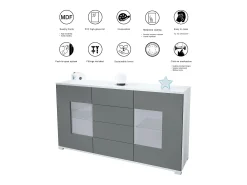 Aparador Grömitz V1 – Mueble con 2 Puertas Grandes y 4 Cajones, blanco mate/mezclilla mate (138,5 x 75,5 x 35)