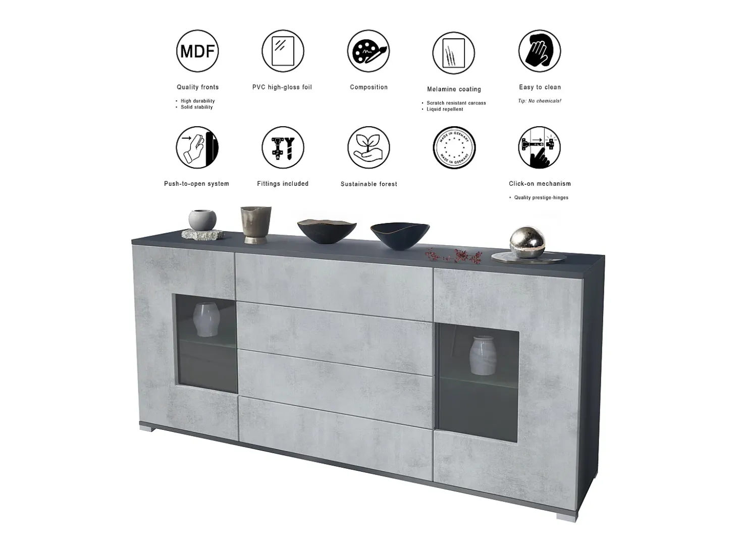Aparador Grömitz V2 – Mueble con 2 Puertas Grandes y 4 Cajones, antracita mate/burdeos de alto brillo (166,5 x 75,5 x 35)