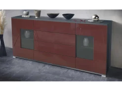 Aparador Grömitz V2 – Mueble con 2 Puertas Grandes y 4 Cajones, antracita mate/burdeos de alto brillo (166,5 x 75,5 x 35)