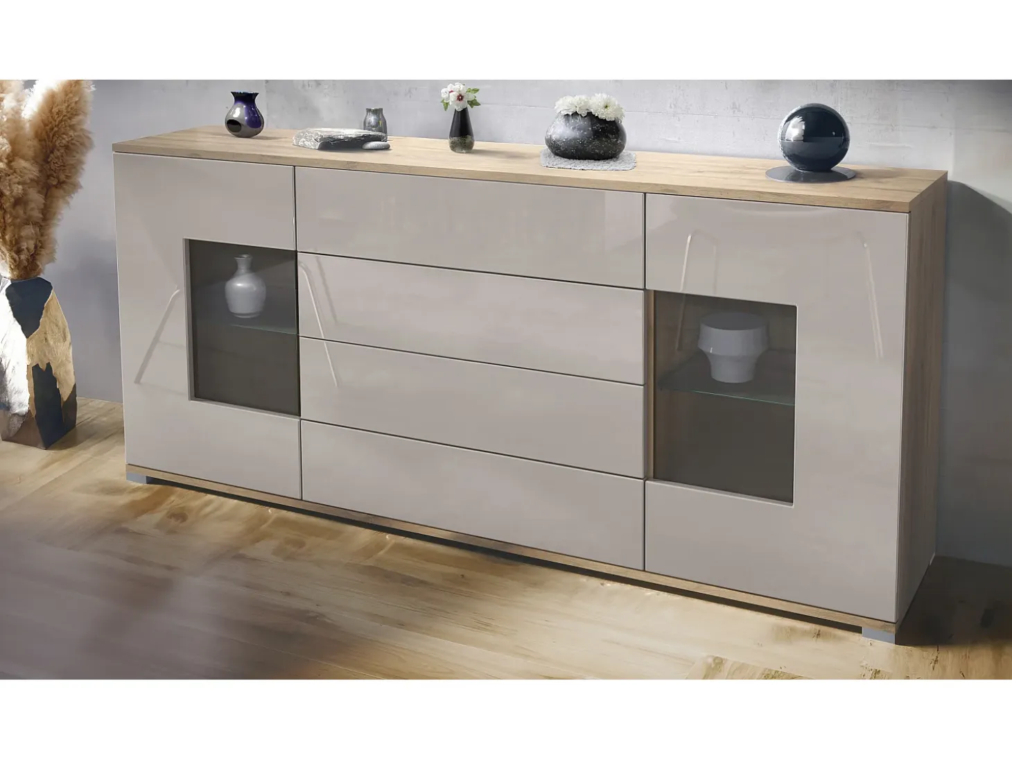 Aparador Grömitz V2 – Mueble con 2 Puertas Grandes y 4 Cajones, Roble Evoke/gris arena de alto brillo (166,5 x 75,5 x 35)