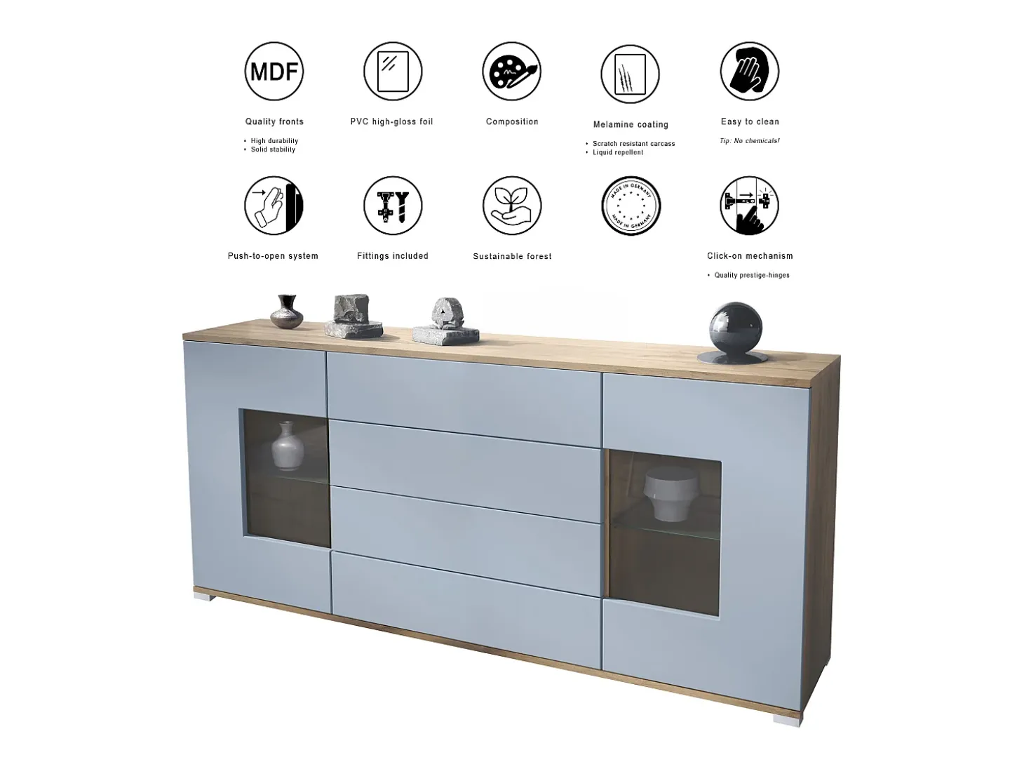 Aparador Grömitz V2 – Mueble con 2 Puertas Grandes y 4 Cajones, Roble Evoke/gris arena de alto brillo (166,5 x 75,5 x 35)