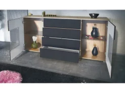 Aparador Grömitz V2 – Mueble con 2 Puertas Grandes y 4 Cajones, Roble Evoke/gris arena de alto brillo (166,5 x 75,5 x 35)