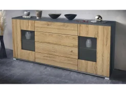 Aparador Grömitz V2 – Mueble con 2 Puertas Grandes y 4 Cajones, antracita mate/roble natural (166,5 x 75,5 x 35)