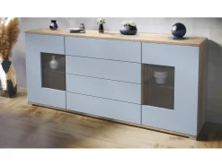 Aparador Grömitz V2 – Mueble con 2 Puertas Grandes y 4 Cajones, Roble Evoke/mezclilla mate (166,5 x 75,5 x 35)