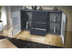 Aparador Grömitz V1 – Mueble con 2 Puertas Grandes y 4 Cajones, antracita mate/crema de alto brillo (138,5 x 75,5 x 35)