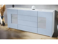 Aparador Grömitz V2 – Mueble con 2 Puertas Grandes y 4 Cajones, blanco mate/mezclilla mate (166,5 x 75,5 x 35)
