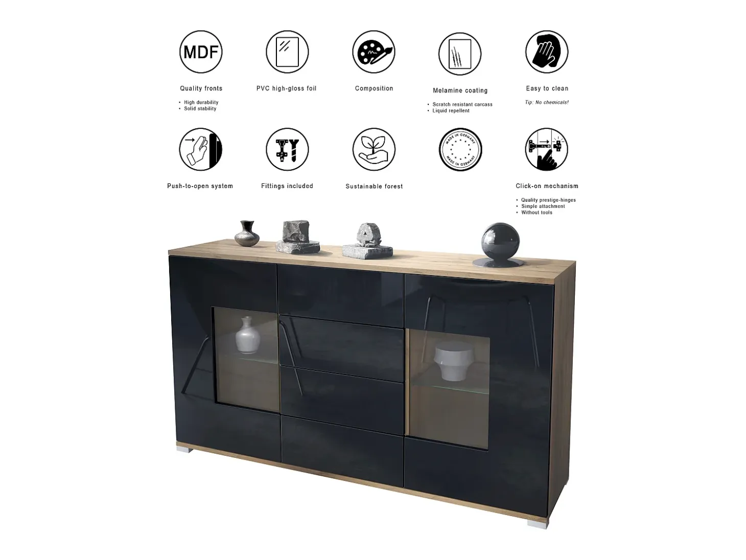 Aparador Grömitz V1 – Mueble con 2 Puertas Grandes y 4 Cajones, Roble Evoke/blanco de alto brillo (138,5 x 75,5 x 35)