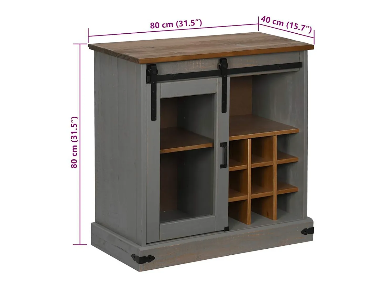 Aparador HALDEN con puerta corredera, gris, 80x40x80 cm, madera maciza