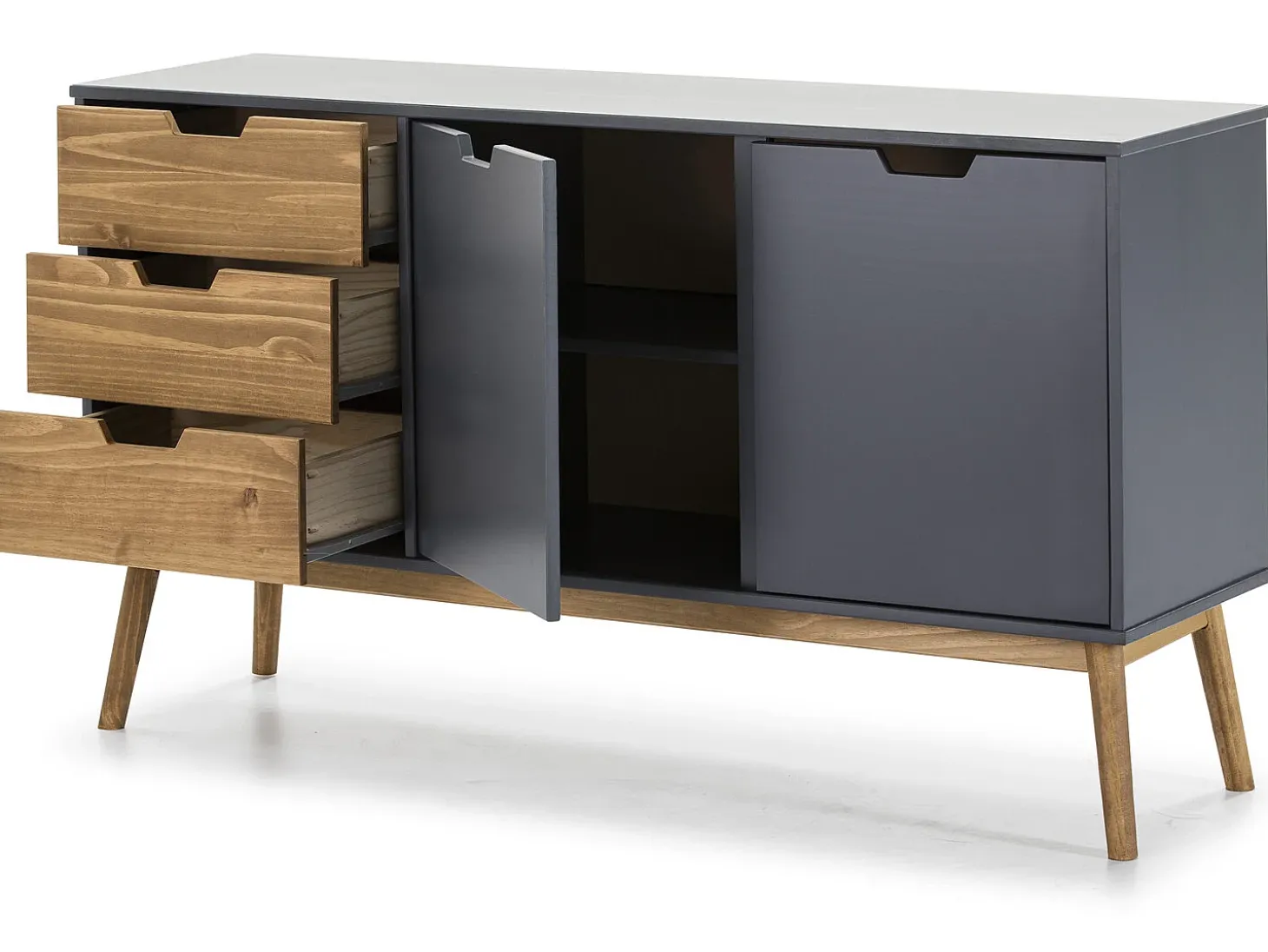 Aparador Java 3 cajones y 2 Puertas Antracita/Cera, Madera de Pino Maciza, 140 cm Longitud