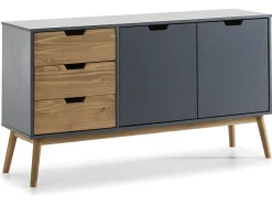 Aparador Java 3 cajones y 2 Puertas Antracita/Cera, Madera de Pino Maciza, 140 cm Longitud