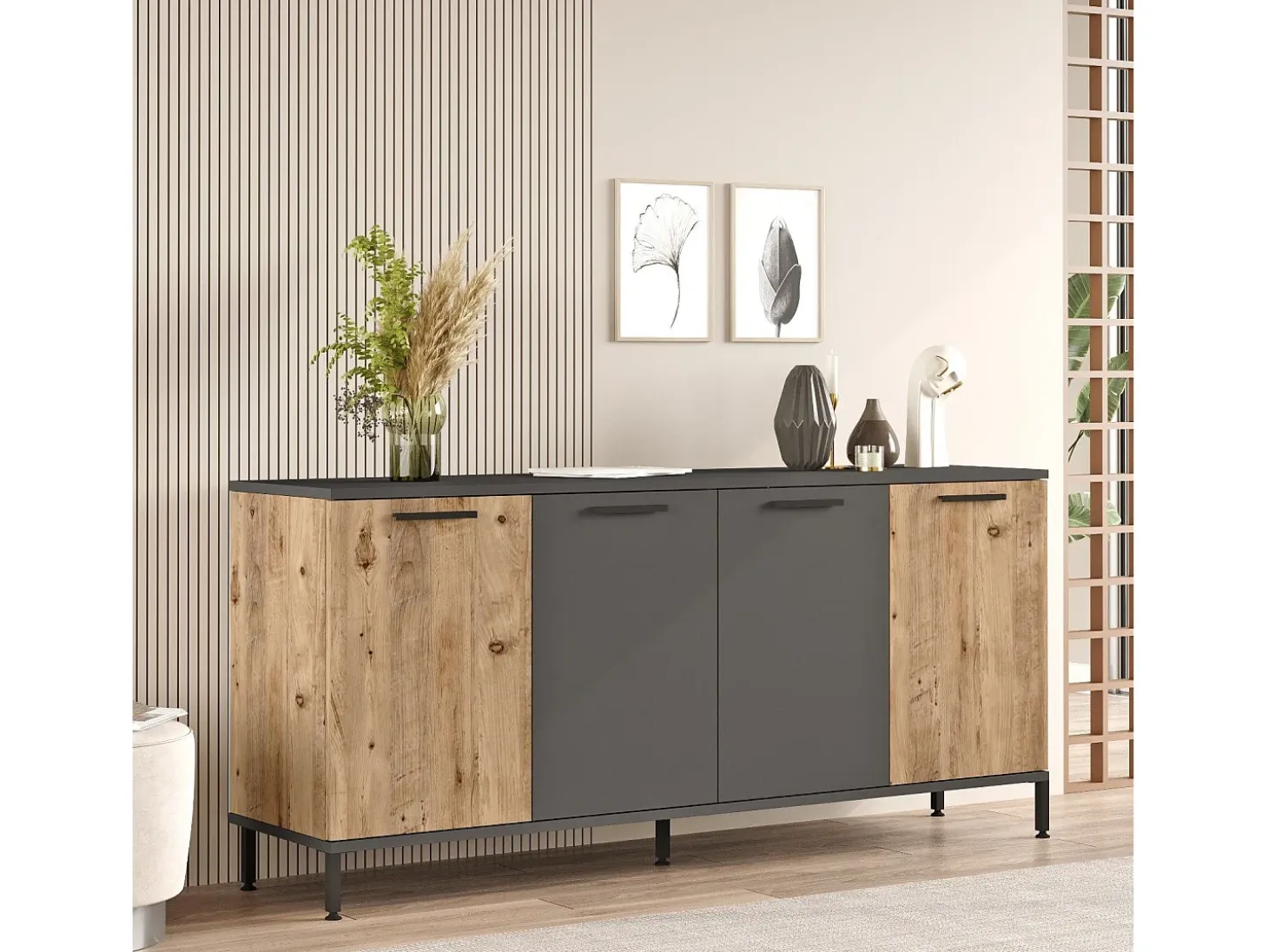 Aparador Kailua 2166, Antracita|Pino, 72x160x40cm, Aglomerado laminado