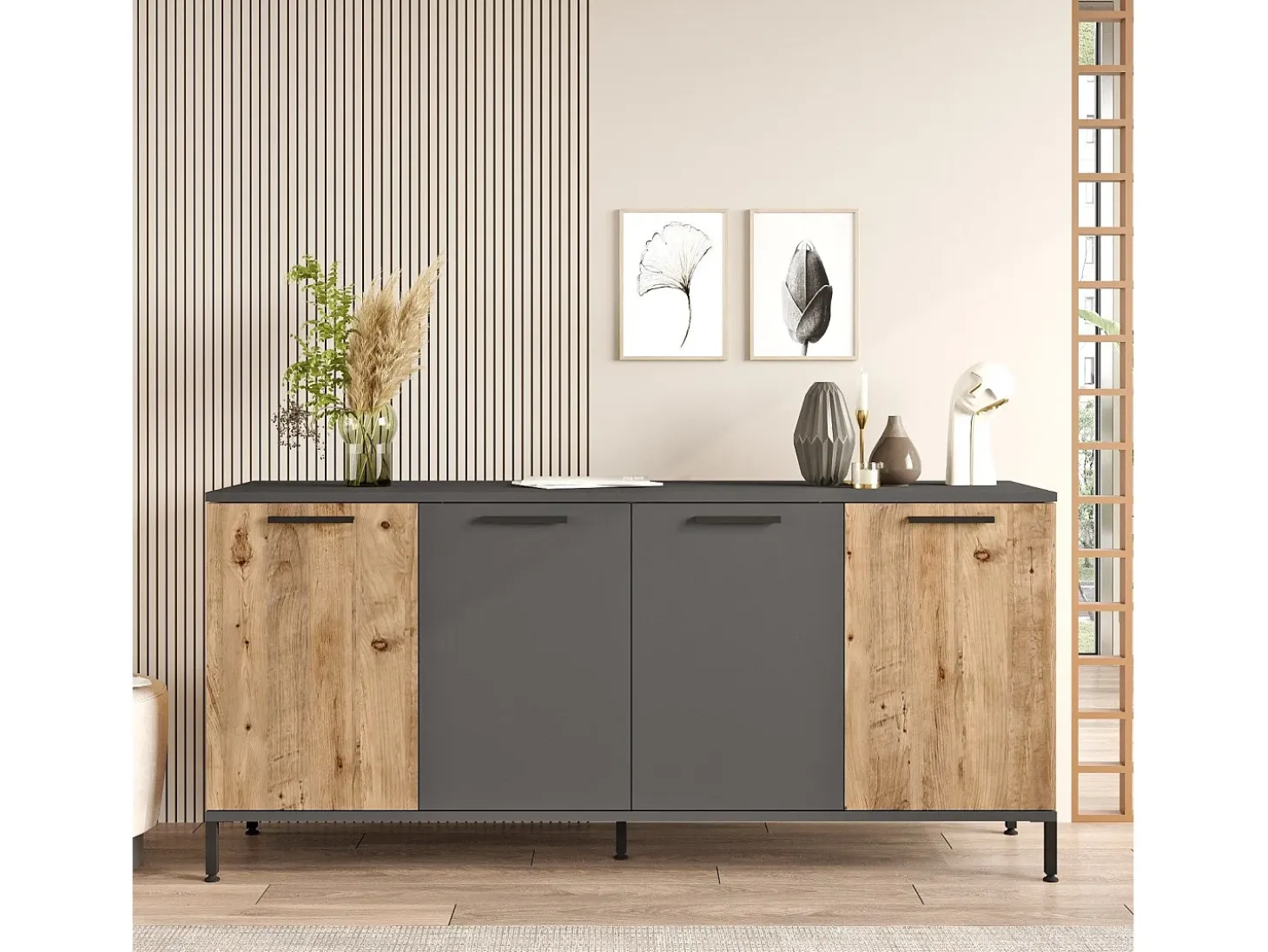 Aparador Kailua 2166, Antracita|Pino, 72x160x40cm, Aglomerado laminado