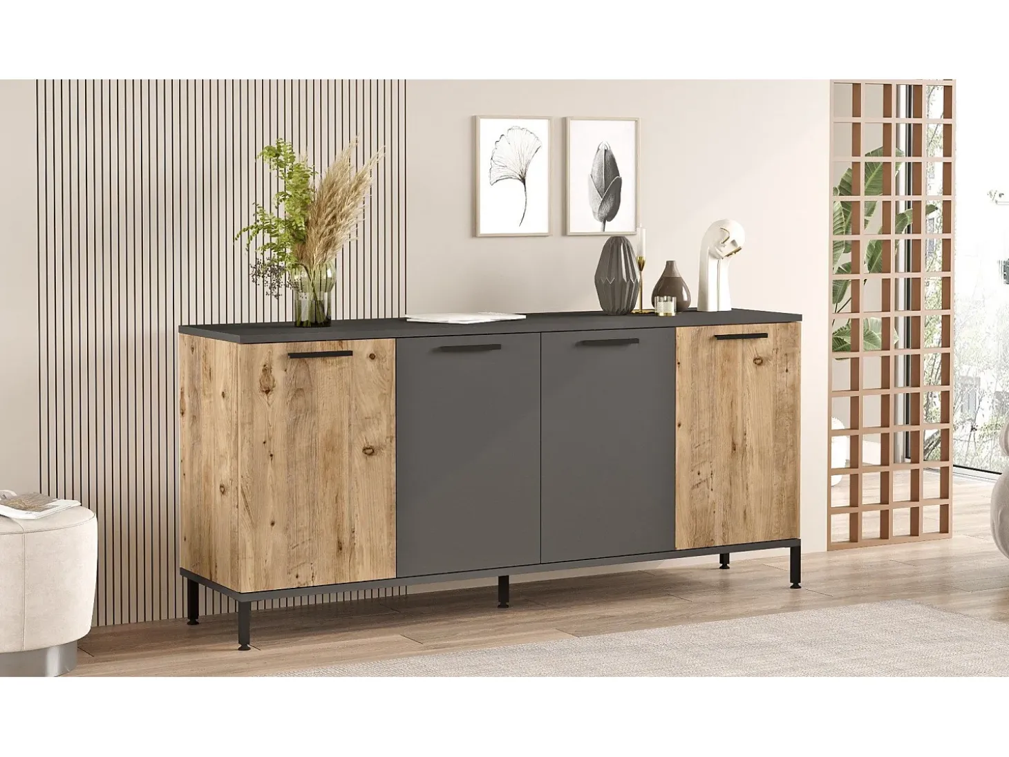 Aparador Kailua 2166, Antracita|Pino, 72x160x40cm, Aglomerado laminado