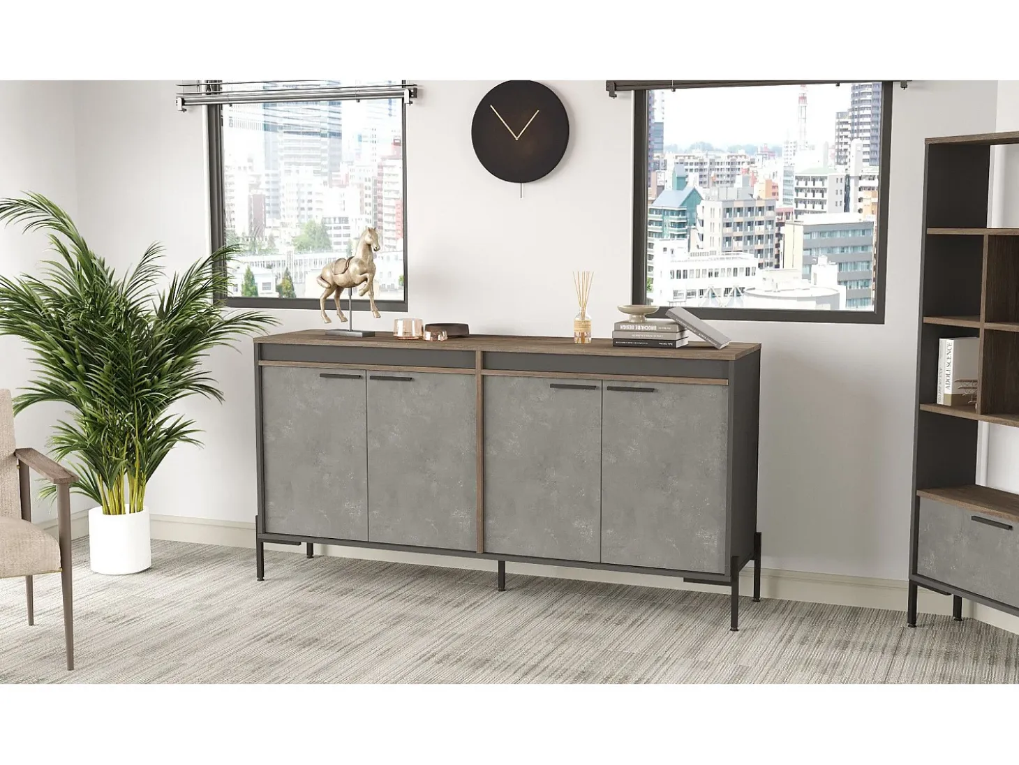 Aparador Kailua 2096, Hormigón|Antracita|Marrón, 92x184x45cm, Aglomerado laminado