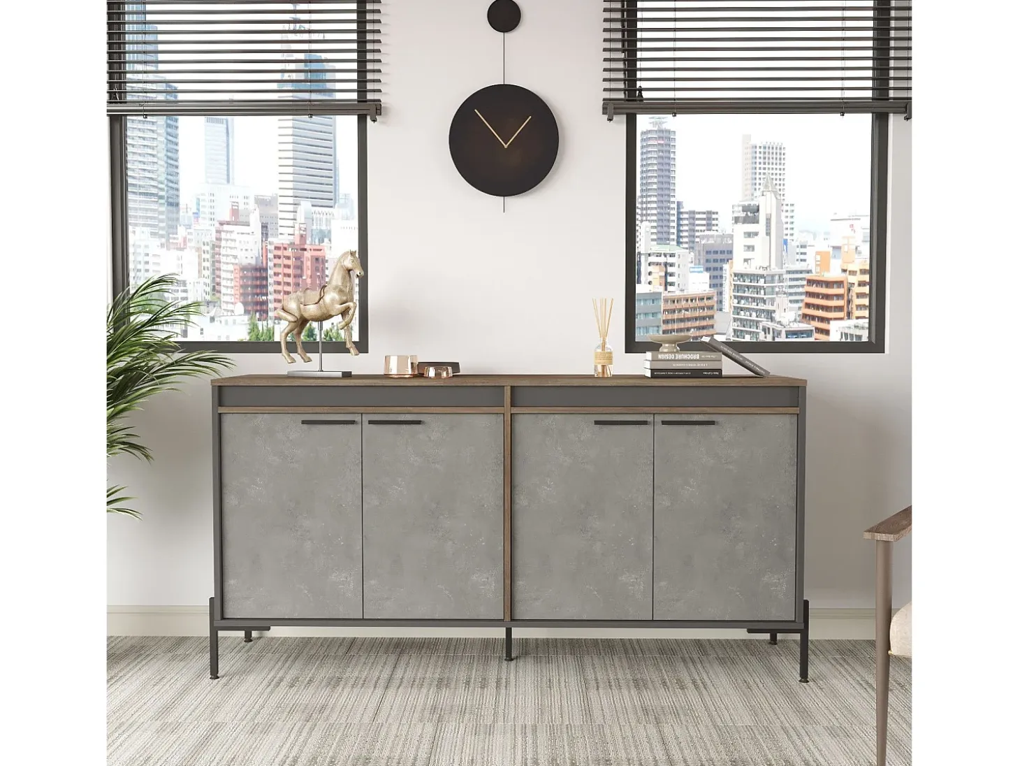 Aparador Kailua 2096, Hormigón|Antracita|Marrón, 92x184x45cm, Aglomerado laminado