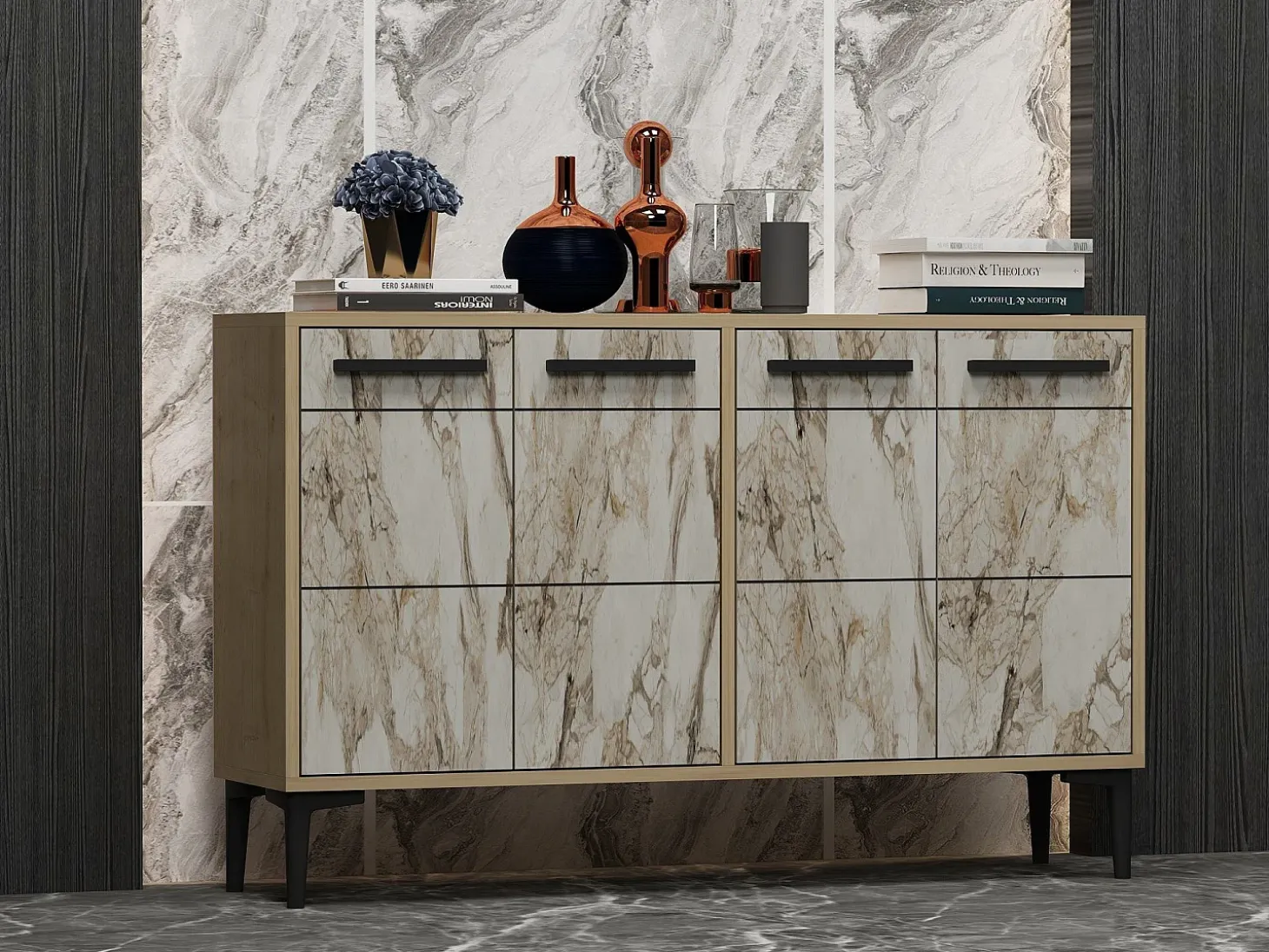 Aparador Kailua 1948, Mármol blanco|Roble, 75x120x30cm, Aglomerado laminado
