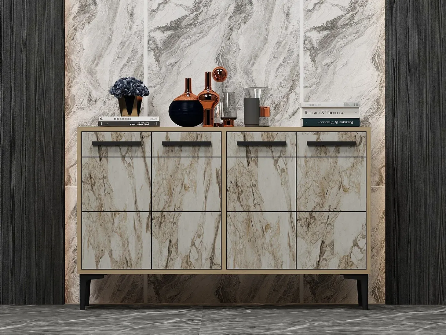 Aparador Kailua 1948, Mármol blanco|Roble, 75x120x30cm, Aglomerado laminado