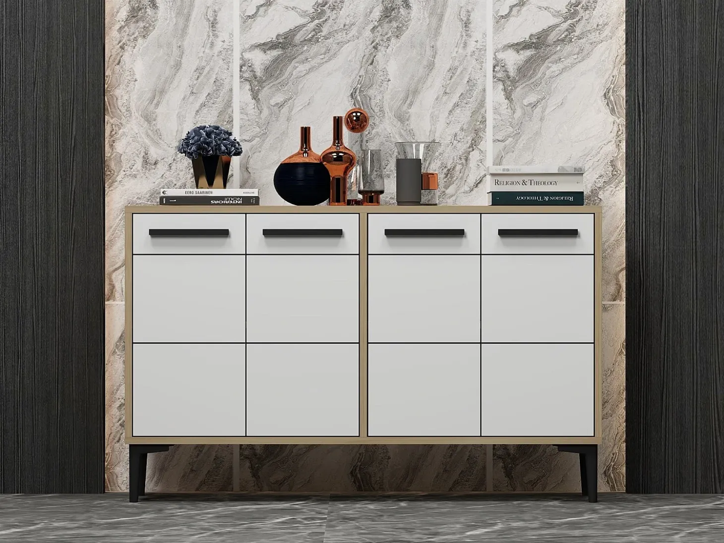 Aparador Kailua 1948, Roble|Blanco, 75x120x30cm, Aglomerado laminado