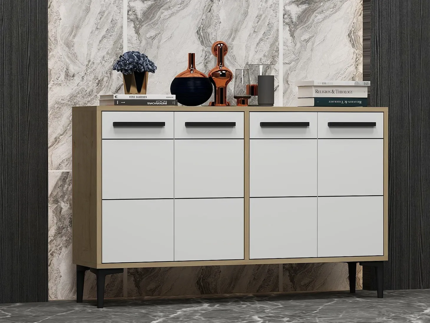 Aparador Kailua 1948, Roble|Blanco, 75x120x30cm, Aglomerado laminado