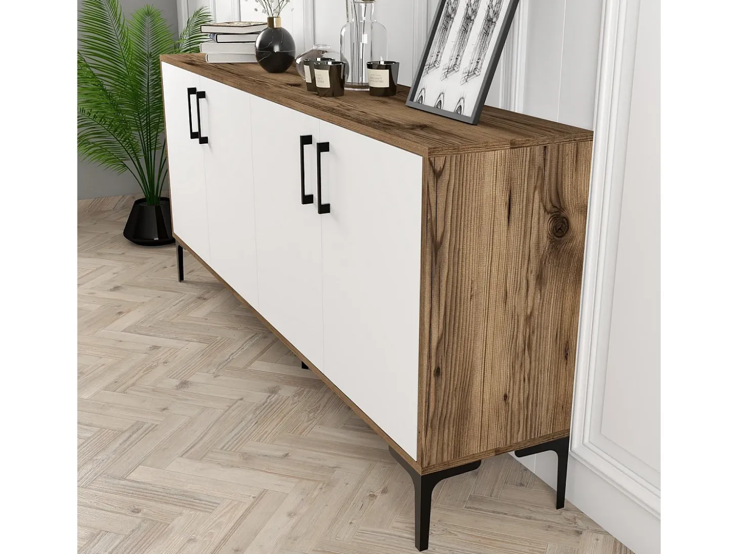 Aparador Kiev blanco color nogal 180x35x78 cm