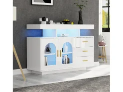 Aparador lacado blanco alto brillo con iluminación LED, 3 cajones y 2 puertas, 120x40x80cm