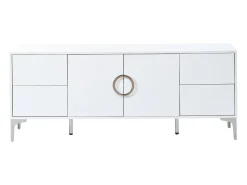 Aparador lacado brillante 150x38x59,5 cm - con 4 cajones y 2 puertas - Patas de metal - MDF - Blanco